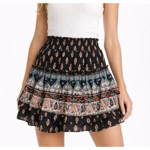 NWT MISA Los Angeles Boho Tiered Mini Skirt Multi Print Size S